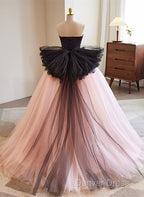 Pink And Black Lace Tulle Ball Gown Sweet 16 Dresses, Pink And Black Long Formal Dresses