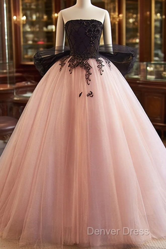 Pink And Black Lace Tulle Ball Gown Sweet 16 Dresses, Pink And Black Long Formal Dresses Main image