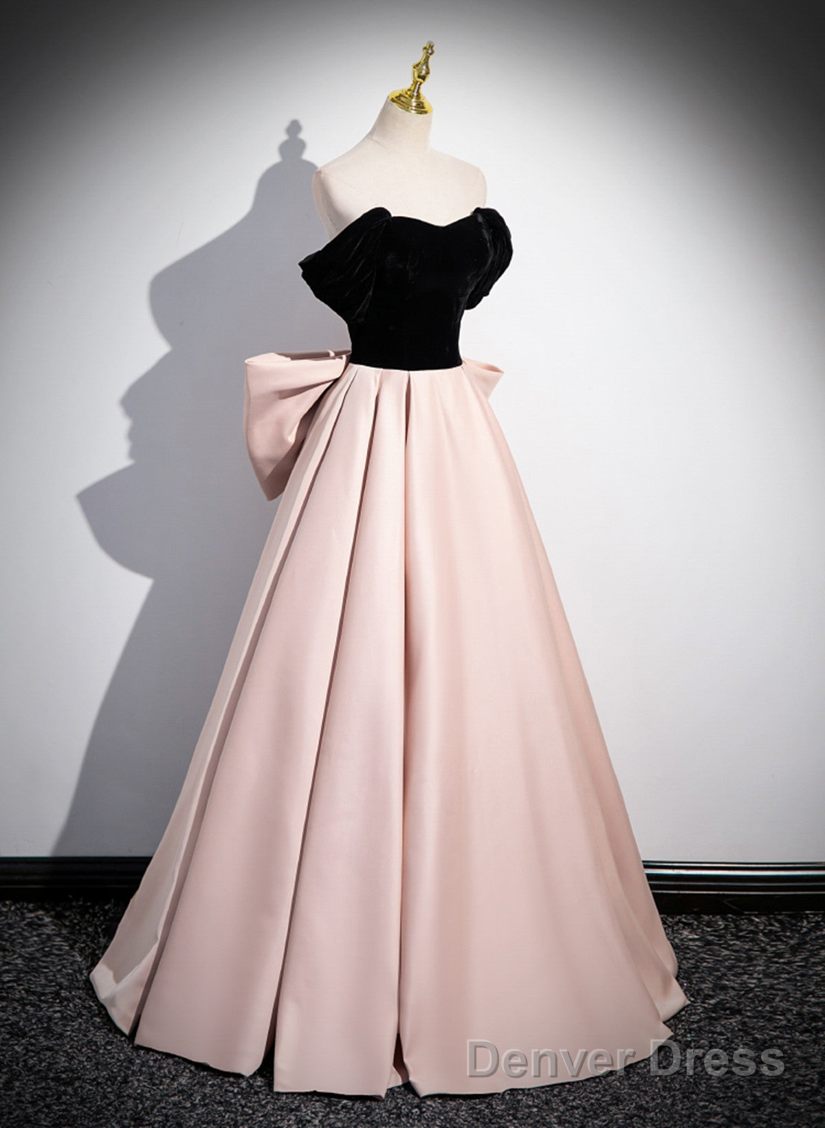 Pink And Black Off Shoulder Long Party Dress With Bow, Pink Long Evening Dress Secondary image