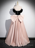 Pink And Black Off Shoulder Long Party Dress With Bow, Pink Long Evening Dress
