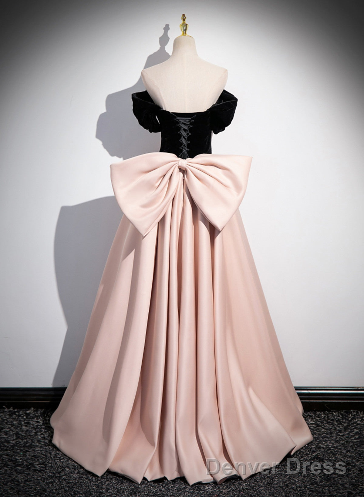 Pink And Black Off Shoulder Long Party Dress With Bow, Pink Long Evening Dress