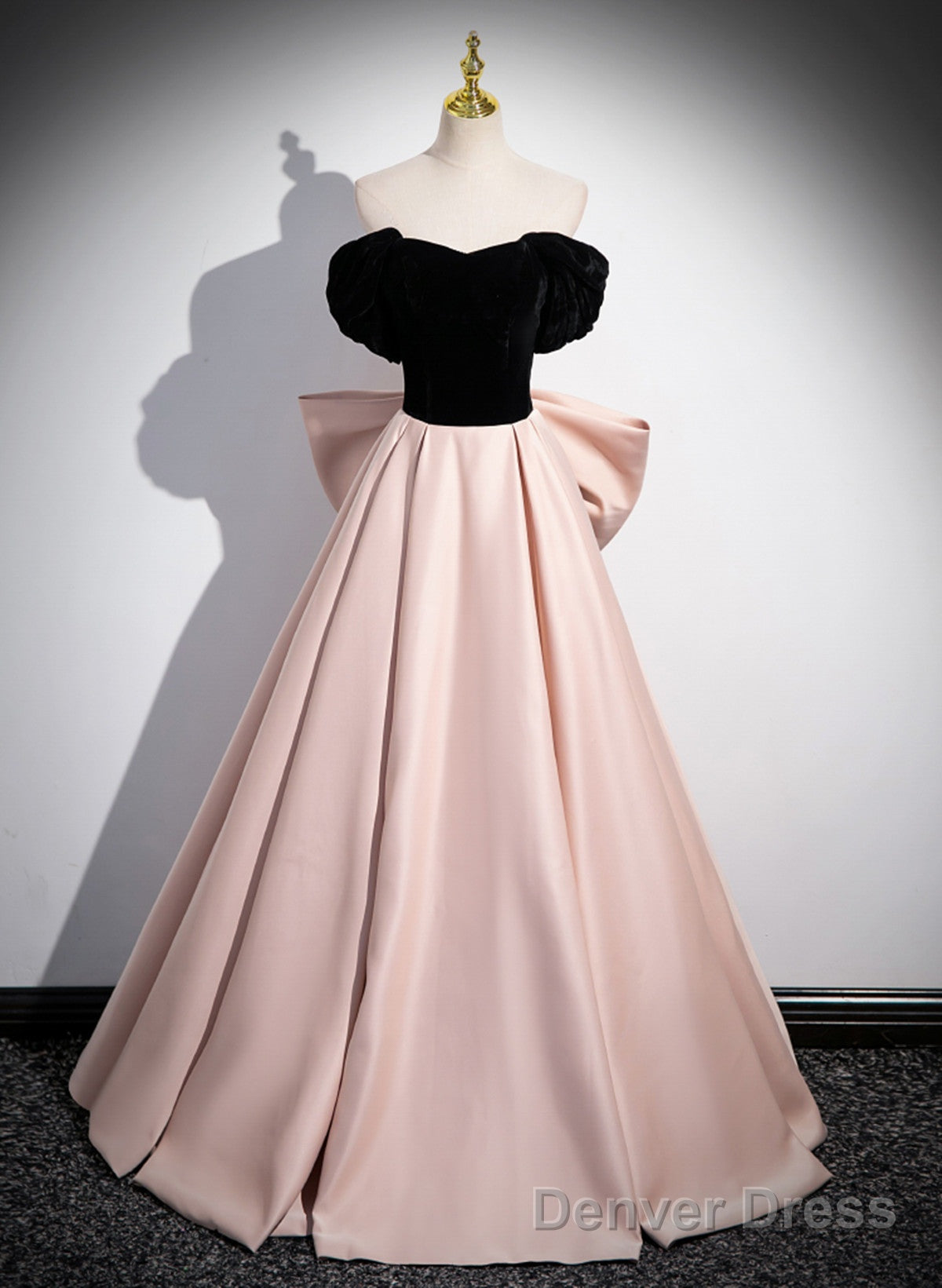 Pink And Black Off Shoulder Long Party Dress With Bow, Pink Long Evening Dress Main image