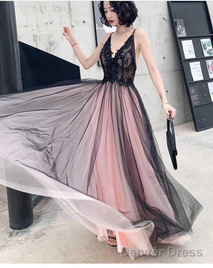 Pink And Black Stylish Tulle With Lace Long Formal Dresses, A-Line Tulle Evening Dresses Secondary image