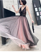 Pink And Black Stylish Tulle With Lace Long Formal Dresses, A-Line Tulle Evening Dresses
