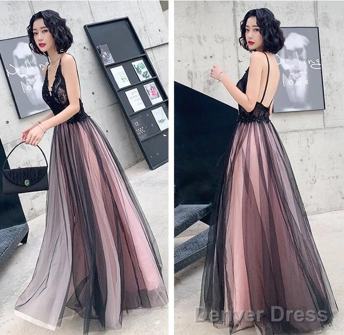 Pink And Black Stylish Tulle With Lace Long Formal Dresses, A-Line Tulle Evening Dresses