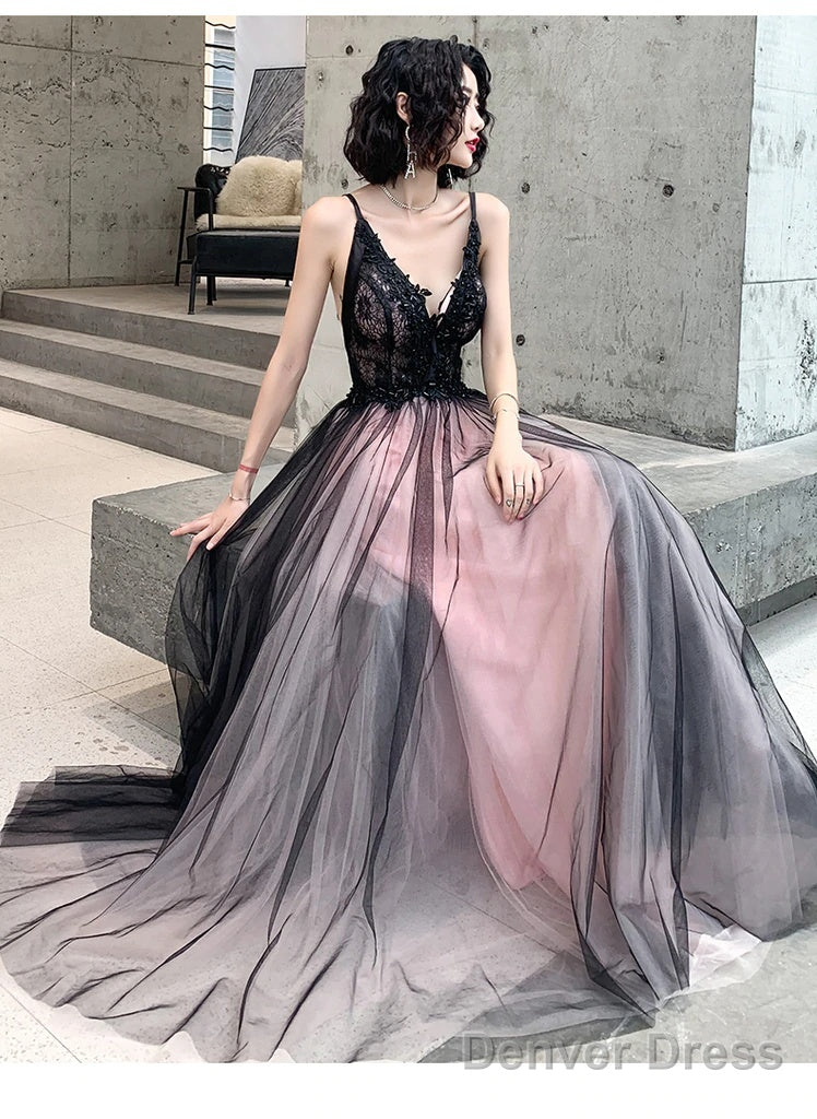 Pink And Black Stylish Tulle With Lace Long Formal Dresses, A-Line Tulle Evening Dresses