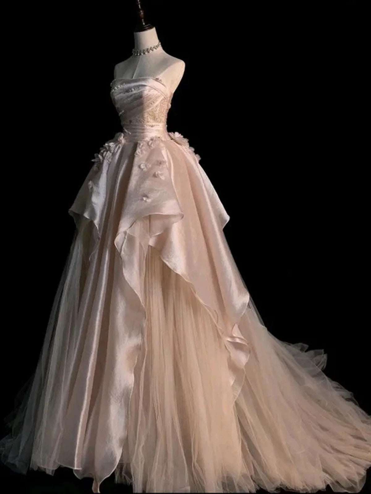 Pink And Champagne Strapless A-Line Tulle Prom Dress, Satin And Tulle Prom Dresses Secondary image
