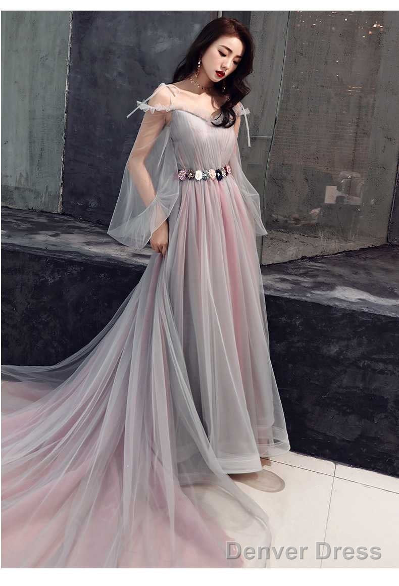 Pink And Grey Tulle Puffy Sleeves Prom Dress With Flowers, A Line Tulle Prom Dresses Secondary image