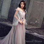 Pink And Grey Tulle Puffy Sleeves Prom Dress With Flowers, A Line Tulle Prom Dresses