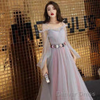 Pink And Grey Tulle Puffy Sleeves Prom Dress With Flowers, A Line Tulle Prom Dresses