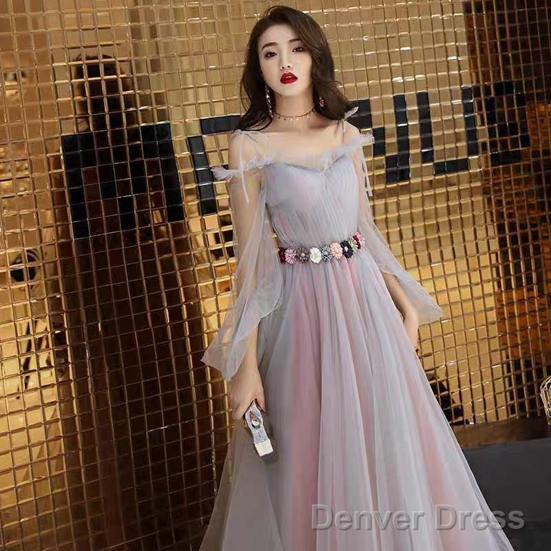 Pink And Grey Tulle Puffy Sleeves Prom Dress With Flowers, A Line Tulle Prom Dresses