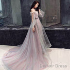 Pink And Grey Tulle Puffy Sleeves Prom Dress With Flowers, A Line Tulle Prom Dresses
