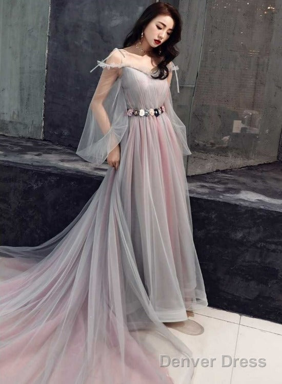 Pink And Grey Tulle Puffy Sleeves Prom Dress With Flowers, A Line Tulle Prom Dresses Main image