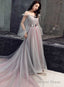 Pink And Grey Tulle Puffy Sleeves Prom Dress With Flowers, A Line Tulle Prom Dresses