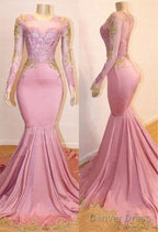 Pink Appliques Long Sleevess Prom Dresses New Arrival Gorgeous Mermaid Evening Gowns