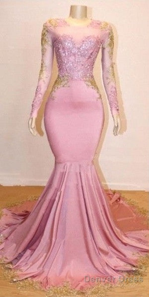 Pink Appliques Long Sleevess Prom Dresses New Arrival Gorgeous Mermaid Evening Gowns