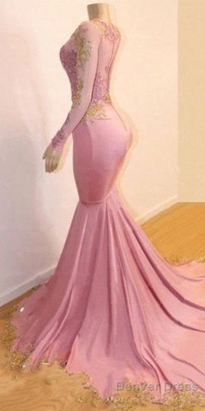 Pink Appliques Long Sleevess Prom Dresses New Arrival Gorgeous Mermaid Evening Gowns