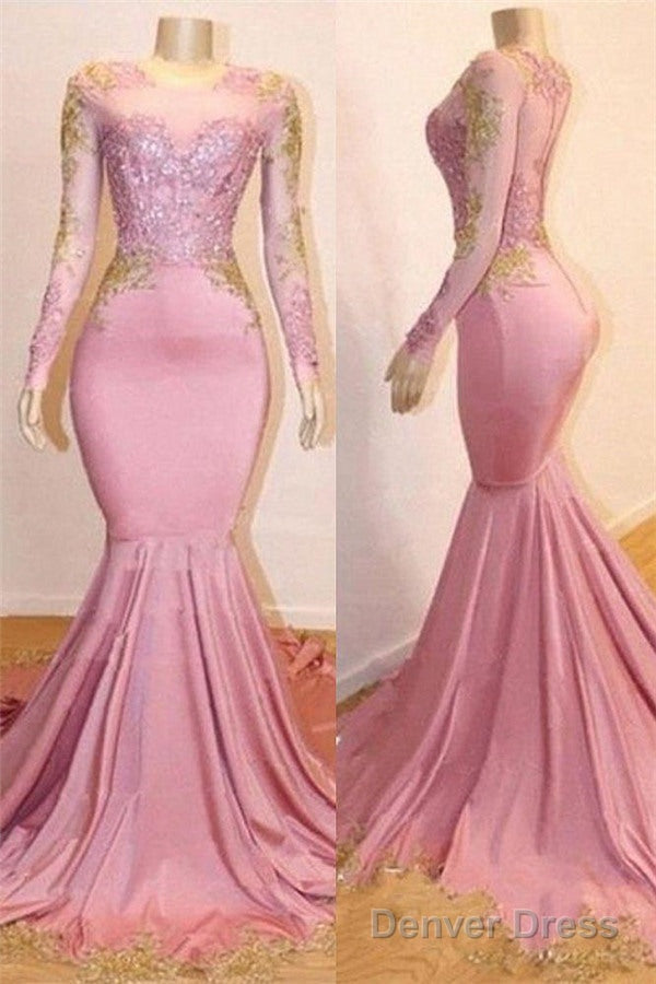 Pink Appliques Long Sleevess Prom Dresses New Arrival Gorgeous Mermaid Evening Gowns Main image
