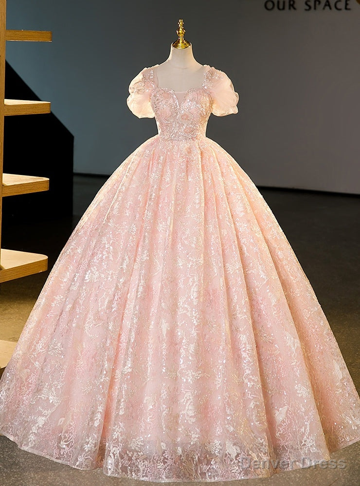 Pink Ball Gowns Lace Sequins Beading Quinceanera Dresses
