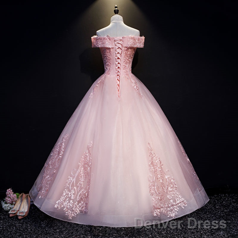 Pink Ball Gown Long Tulle Party Dress, Off Shoulder Prom Dress