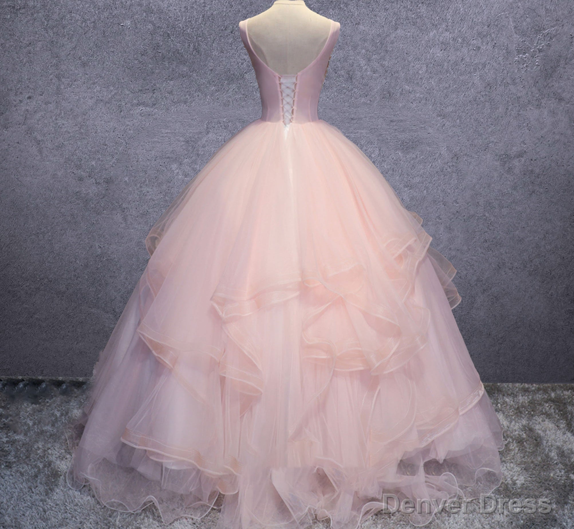 Pink Ball-Gown Organza Floor-Length Prom Dress with Appliqued