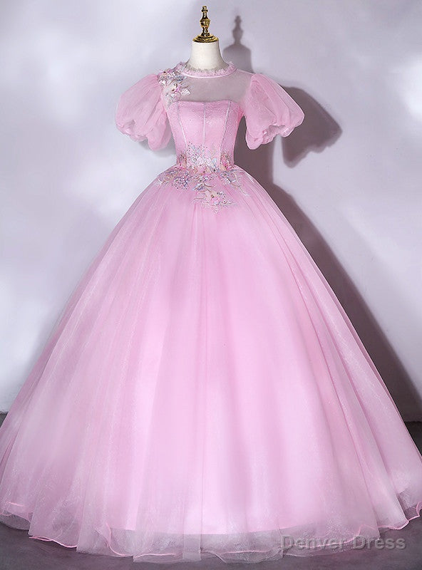 Pink Ball Gowns Puff Sleeve Backless Appliques Quinceanera Dresses