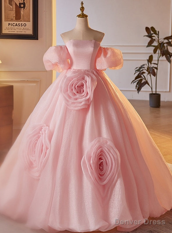 Pink Ball Gowns Puff Sleeve Flower Prom Dresses