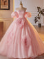 Pink Ball Gowns Puff Sleeve Flower Prom Dresses