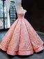 Pink Ball Gowns Satin Embroidery Appliques Sequins Cap Sleeve Backless Prom Dresses