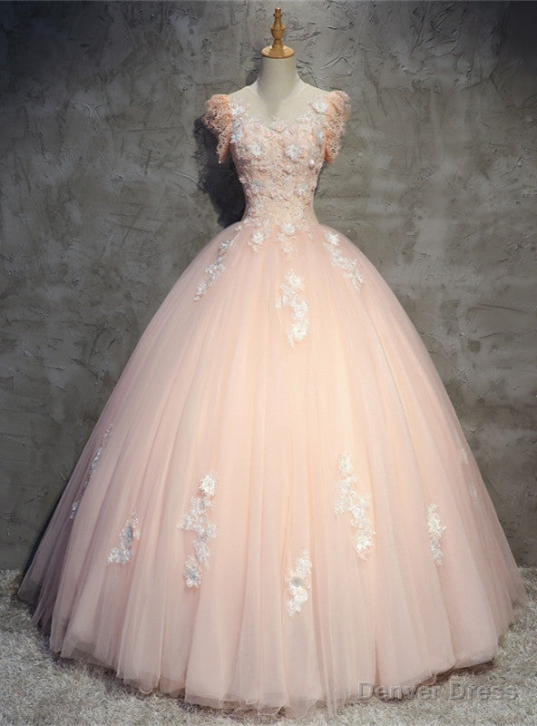 Pink Ball Gowns Scoop Tulle Appliques Quinceanera Dresses