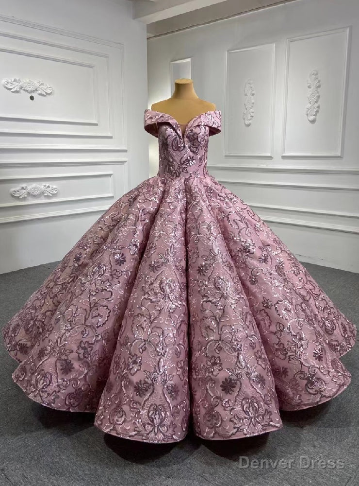 Pink Ball Gowns Sequins Appliques Luxury Prom Dresses