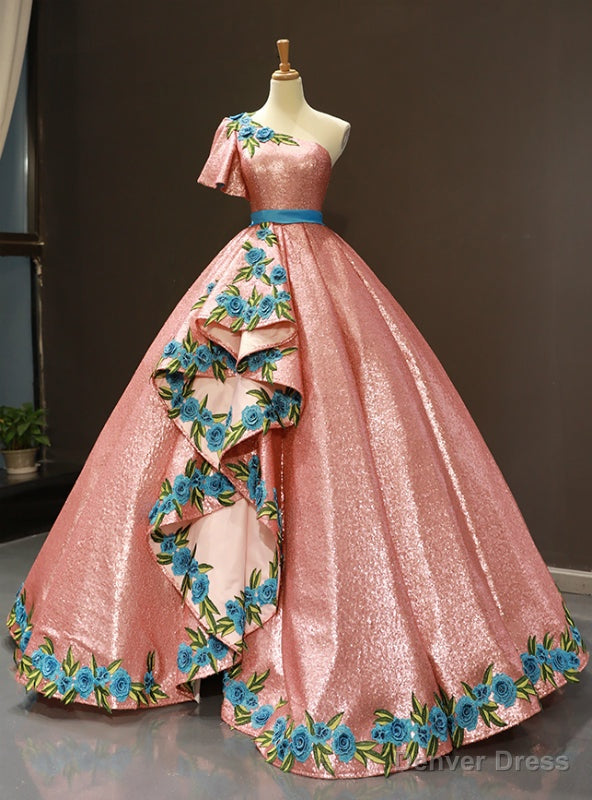 Pink Ball Gowns Sequins Blue Embroidery Appliques One Shoulder Sweet 16 Prom Dresses Main image