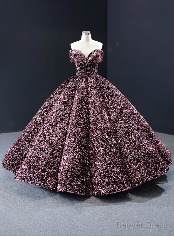 Pink Ball Gowns Sequins Off the Shoulder Luxury Prom Dresses