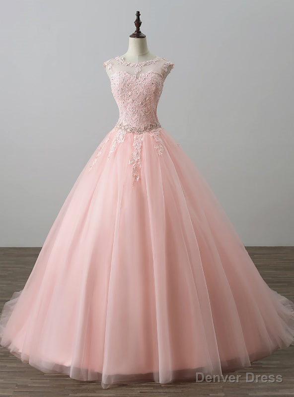 Pink Ball Gowns Tulle Appliques Backless Long Sweet 16 Dresses Main image