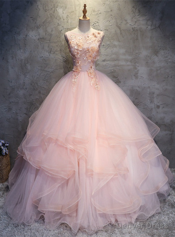 Pink Ball Gowns Tulle Appliques Beading Quinceanera Dresses Main image