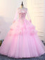 Pink Ball Gowns Tulle Appliques Long Sleeve Quinceanera Dresses