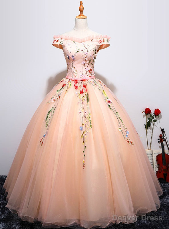 Pink Ball Gowns Tulle Appliques Off The Shoulder Quinceanera Dresses