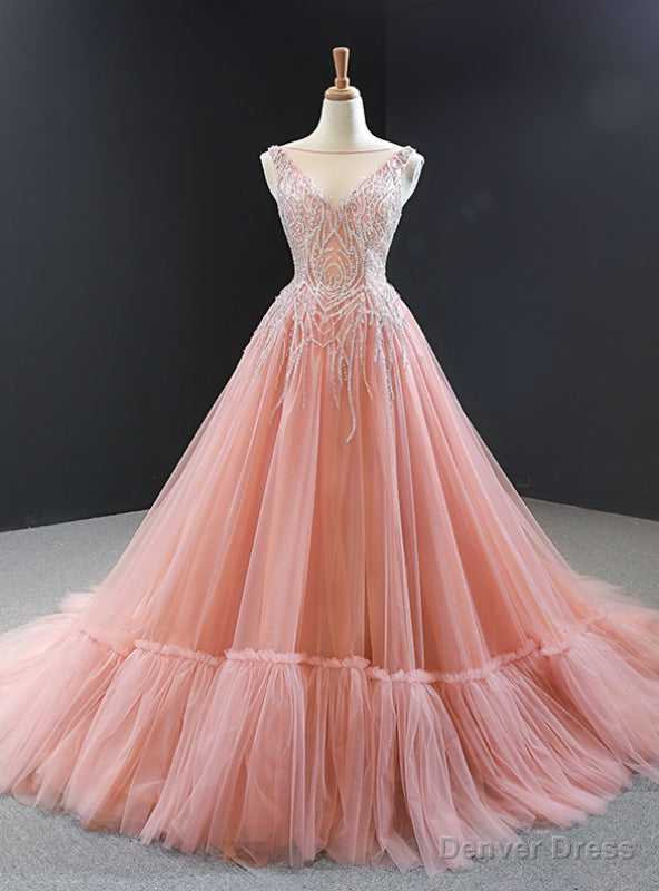 Pink Ball Gowns Tulle Beading Backless Long Prom Dresses