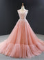 Pink Ball Gowns Tulle Beading Backless Long Prom Dresses