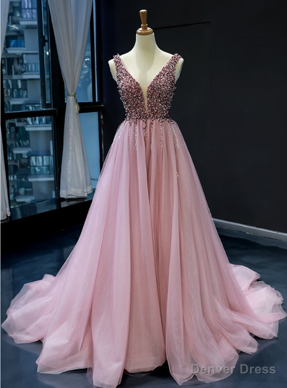 Pink Ball Gowns Tulle Deep V Neck Backless Beading Prom Dresses