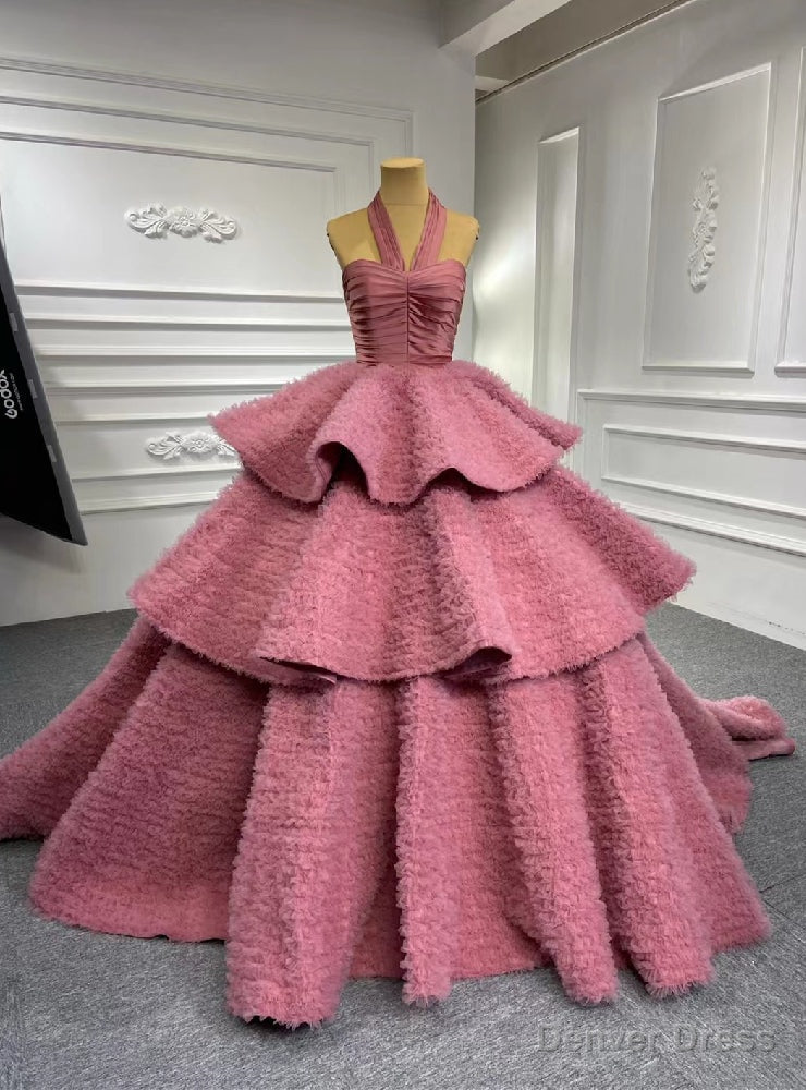 Pink Ball Gowns Tulle Halter Tiers Prom Dresses