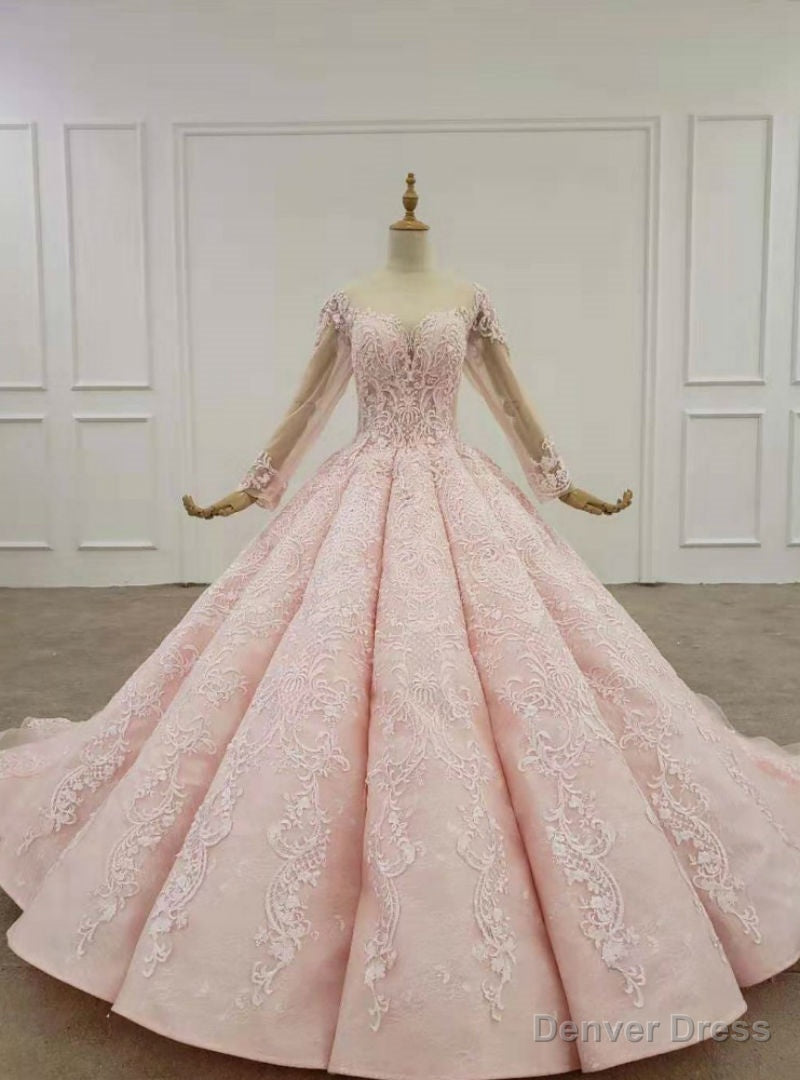 Pink Ball Gowns Tulle Lace Appliques Long Sleeve Beading Wedding Dresses Main image