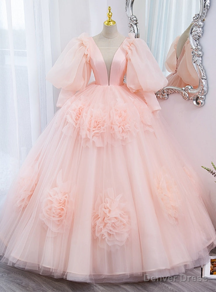 Pink Ball Gowns Tulle Long Sleeve Puff Quinceanera Dresses