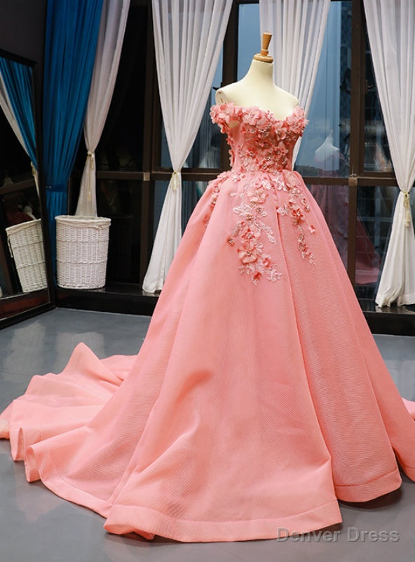 Pink Ball Gowns Tulle Off the Shoulder Appliques Prom Dresses With Train Main image