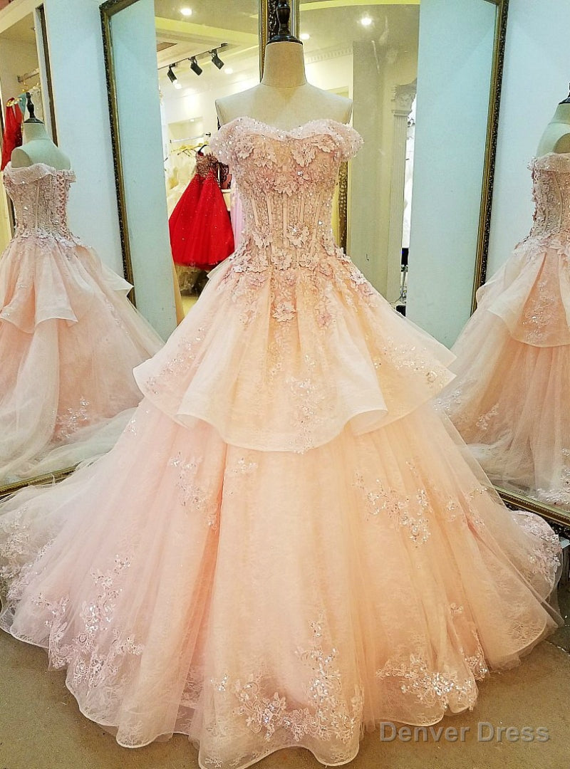 Pink Ball Gowns Tulle Off The Shoulder Appliques Wedding Dresses Main image