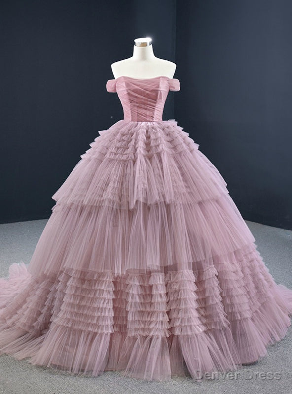 Pink Ball Gowns Tulle Off the Shoulder Pleats Prom Dresses Main image