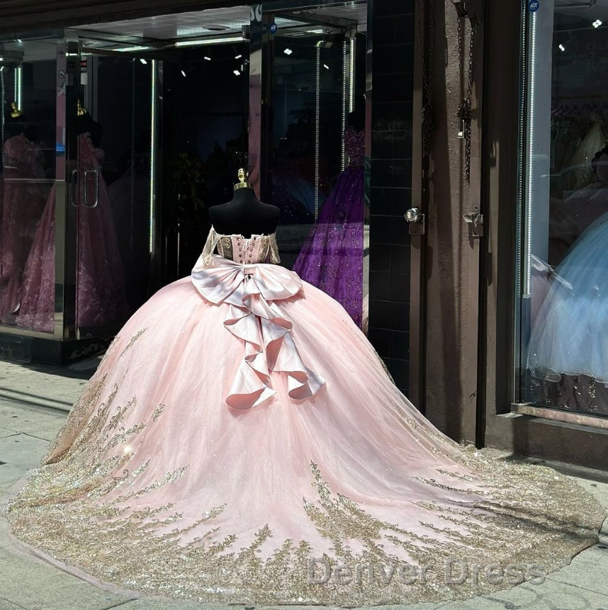 Pink Ball Gowns Tulle Off The Shoulder Quinceanera Dresses with Sequins Secondary image