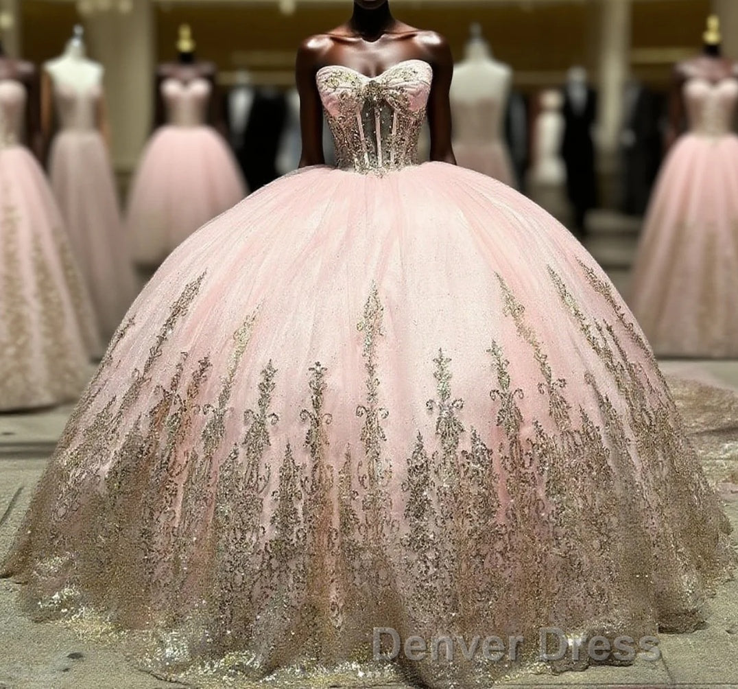 Pink Ball Gowns Tulle Off The Shoulder Quinceanera Dresses with Sequins Main image