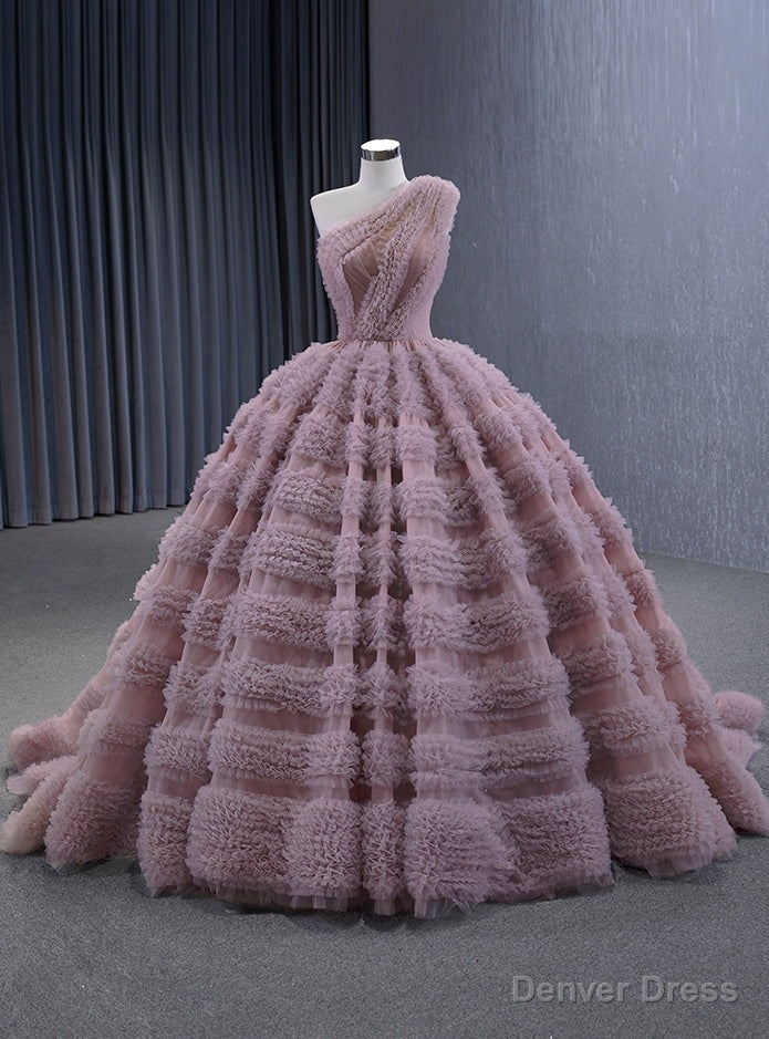 Pink Ball Gowns Tulle One Shoulder Pleats Prom Dresses Main image