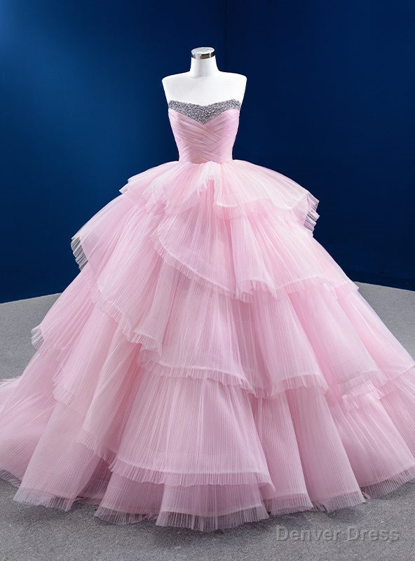 Pink Ball Gowns Tulle Pleats Beading Ctystal Prom Dresses Main image